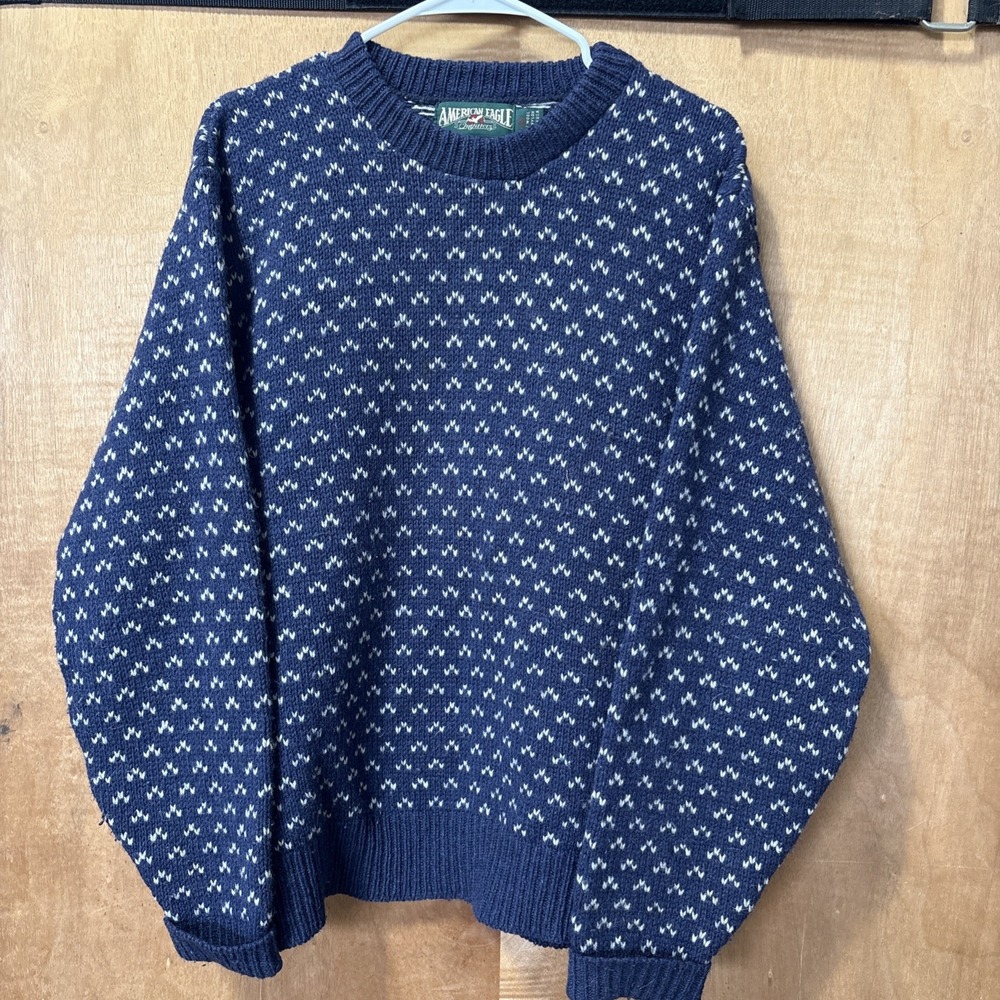 Vintage American Eagle Sweater Blue Wool Blend Birdseye Knit Crew Mens Large 80s